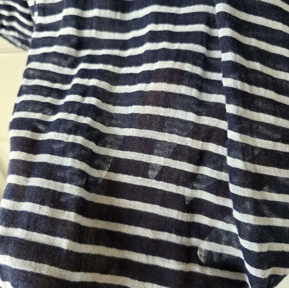 J Crew Sheeer Blouse  Medium Women Navy Blue White Striped Cotton See Thru
